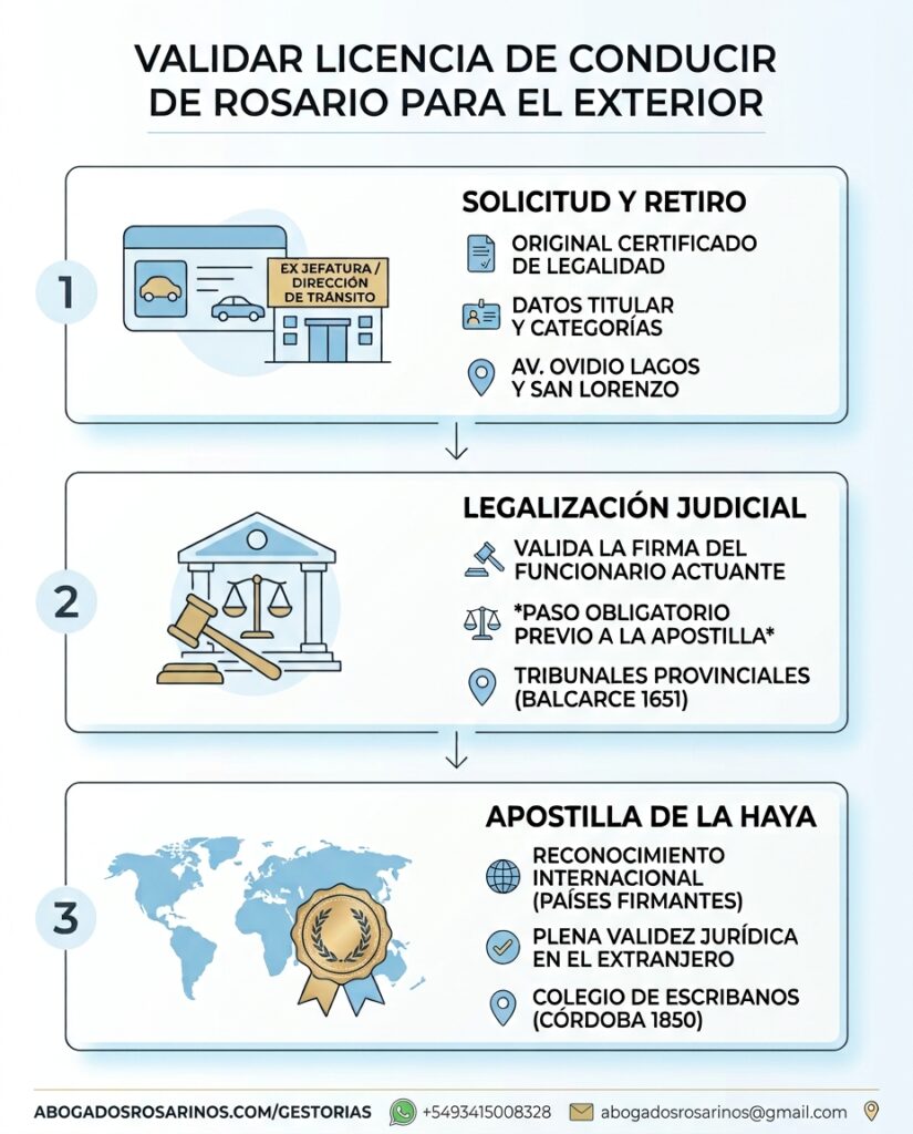 Ofrecemos la gestión integral a distancia del Certificado de Legalidad de tu licencia de conducir en Rosario: desde el retiro del documento en la Agencia Provincial de Seguridad Vial (APSV) y su legalización en Tribunales, hasta el Apostillado de La Haya ante el Colegio de Escribanos, listo para validar o canjear tu carnet en el exterior.